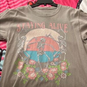 Gray Graphic Tee with Skeletons and Flowers